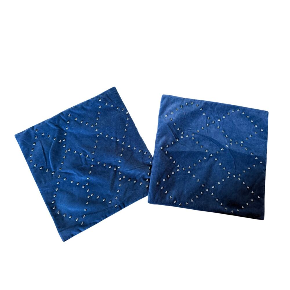 West Elm studded dark blue velour pillow case set 17x17”